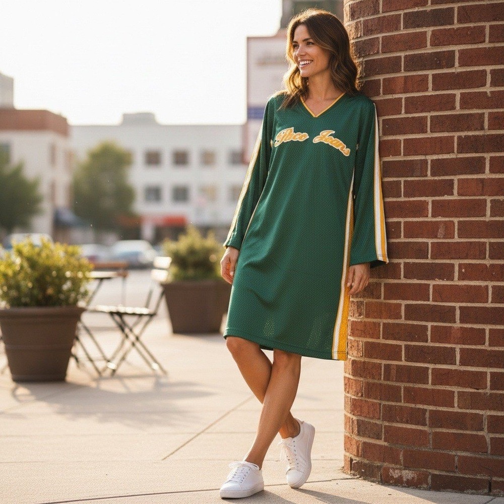 Vintage Paco Jeans Green Mesh Jersey Dress Size L Long‎ Sleeve V Neck - NEW